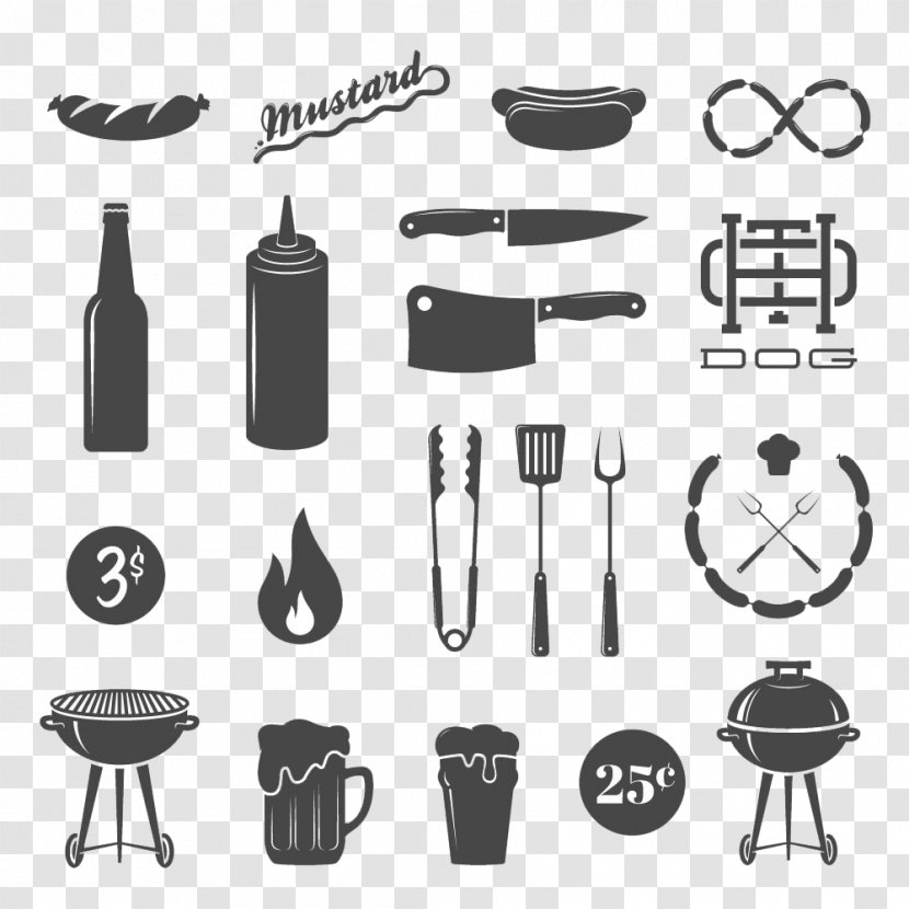 Sausage Hot Dog Barbecue Fast Food - Black And White - Supplies Icon Figure Transparent PNG