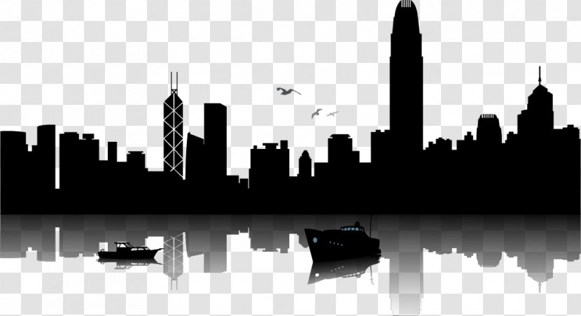 Hong Kong Skyline Silhouette Illustration - Black And White - Material Transparent PNG
