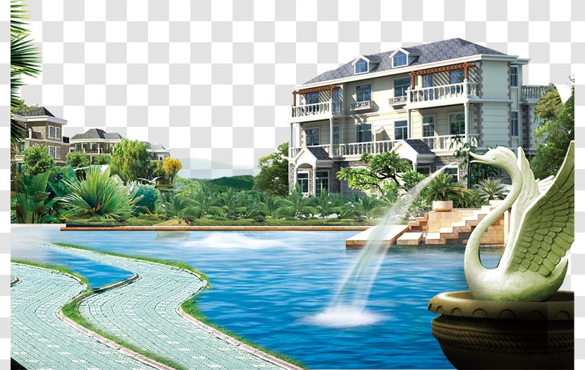 Advertising Villa Real Estate Gratis - Water Feature - Fountain Lake Ad Elements Transparent PNG