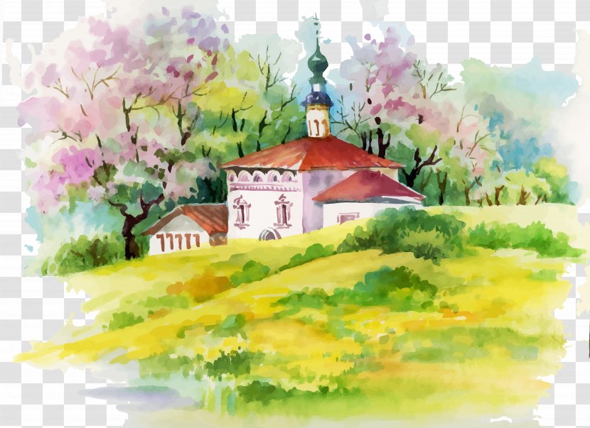Watercolor Painting House Illustration - Acrylic Paint - Decorative Beautiful Scenery And Fresh Cottage Transparent PNG