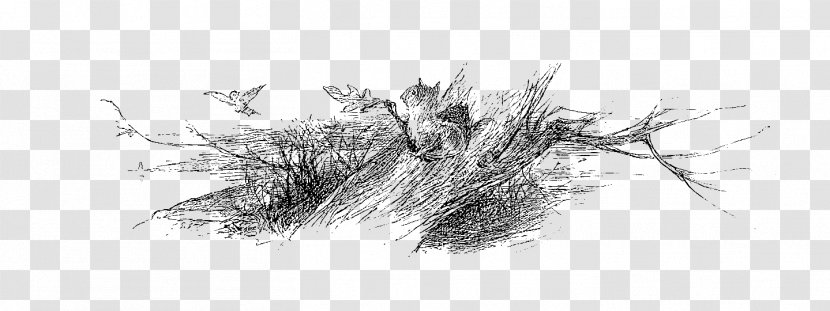 Digital Stamp Squirrel Twig Grasses Sketch - Flying Leaves Transparent PNG