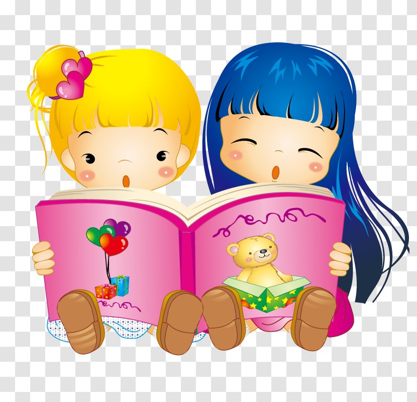 Child Cartoon Download - Little Girls Reading Fairy Tales Transparent PNG