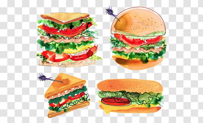 Cheeseburger Fast Food Hamburger Chicken Sandwich Bacon - Drawing - Hand Painted Burger Transparent PNG