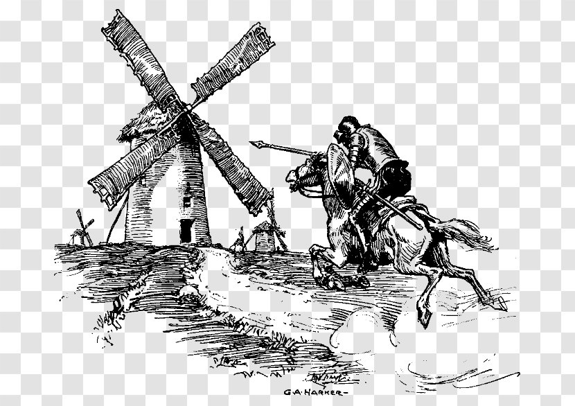 Don Quixote La Mancha Sancho Panza Tilting At Windmills Drawing - Satire - Book Transparent PNG