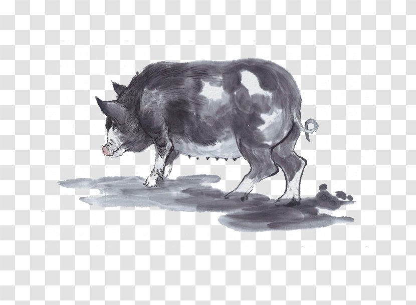 Domestic Pig Ink Wash Painting Chinese Zodiac - Mammal - Hand Painted Wild Boar Transparent PNG