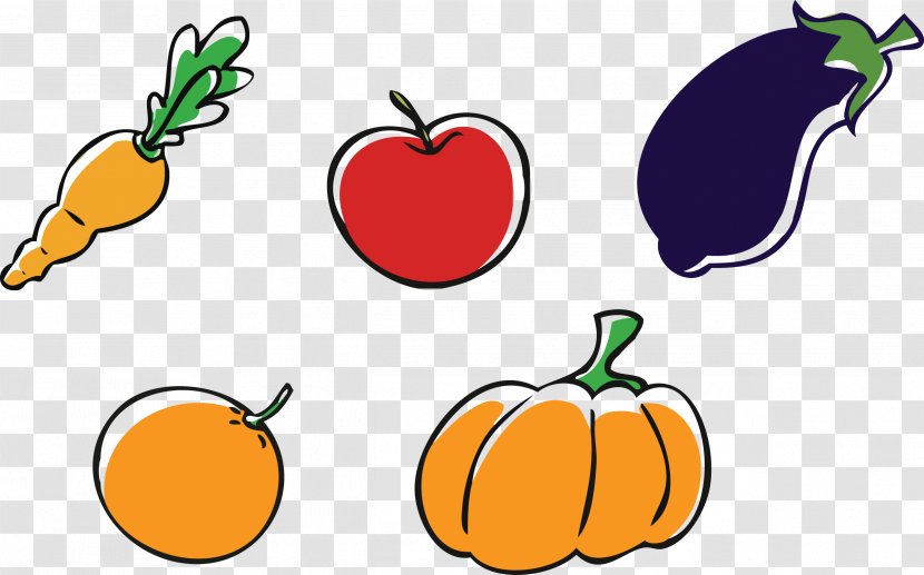 Apple Pumpkin Vegetable Clip Art - Auglis - Cartoon Eggplant Fruits And Vegetables Carrots Apples Oranges Transparent PNG