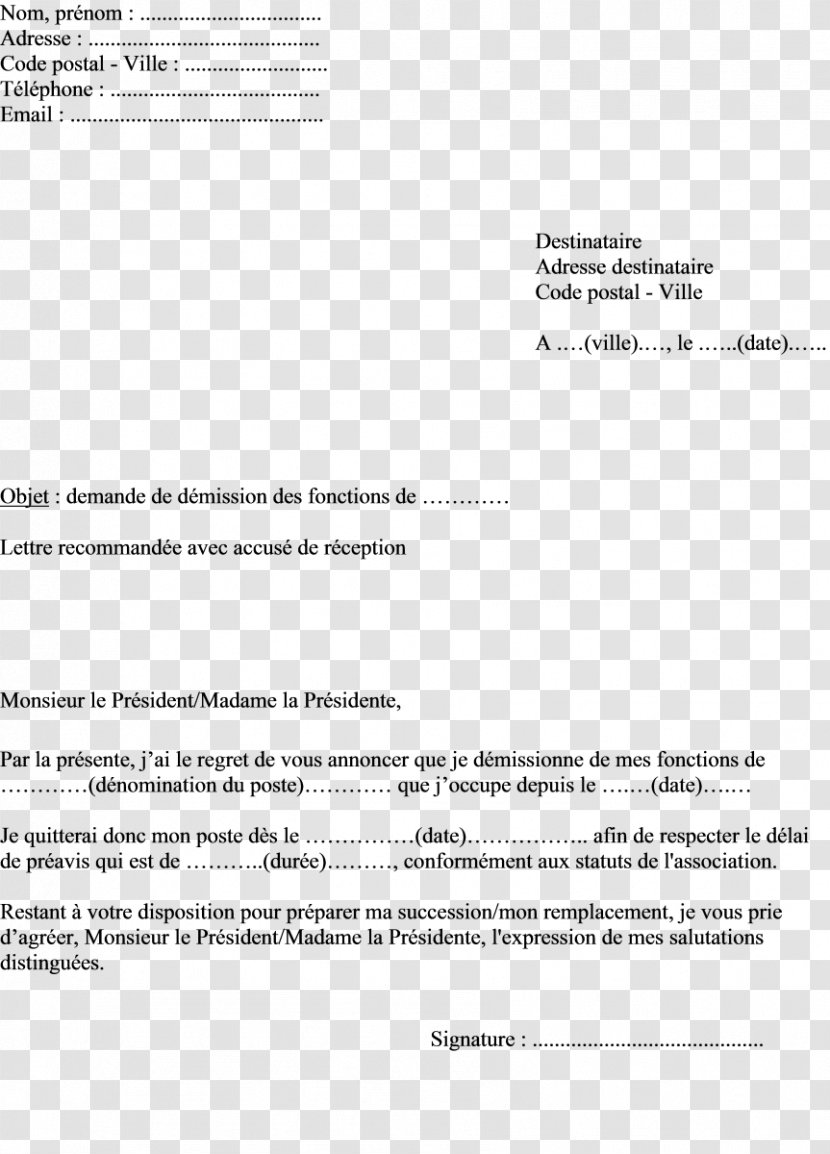 Cover Letter Démission En Droit Français Association Loi De 1901 Contrat à Durée Indéterminée - Embauche France - LETTRE Transparent PNG