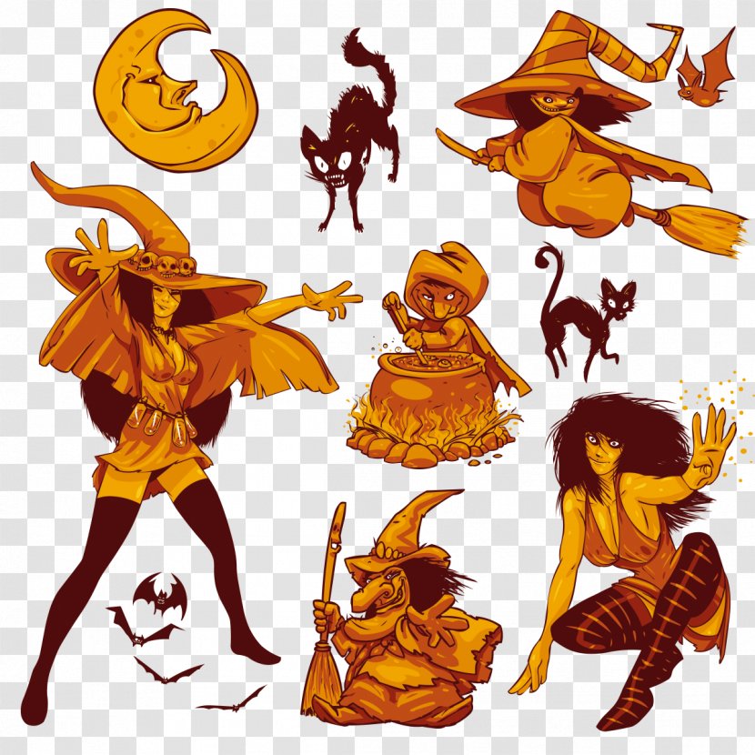 Witchcraft Illustration - Mythical Creature - Halloween Witch And Cat Transparent PNG