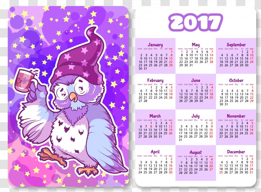 Cartoon Calendar Illustration - Purple - Owl 2017 Transparent PNG