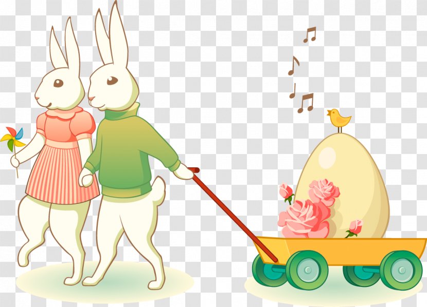 Easter Bunny European Rabbit Euclidean Vector Illustration - Fictional Character - Cartoon Rabbits To Pull Carts Transparent PNG