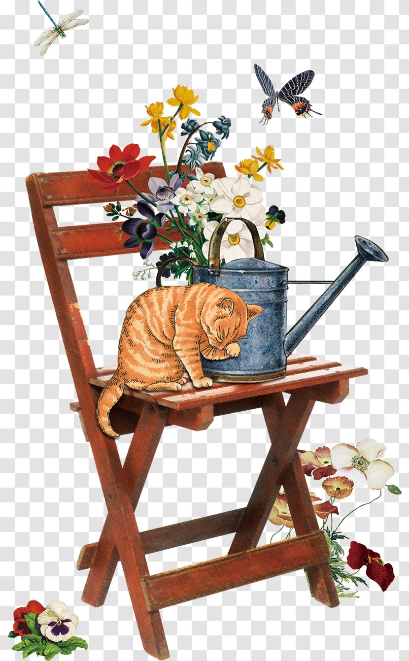 Poster Illustration - The Yellow Cat In Flowering Bush Transparent PNG