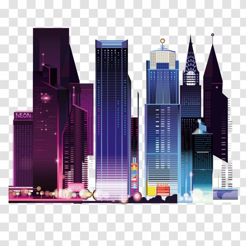 Vector City Landscape Architecture Of Night View - Skyscraper - Product Transparent PNG