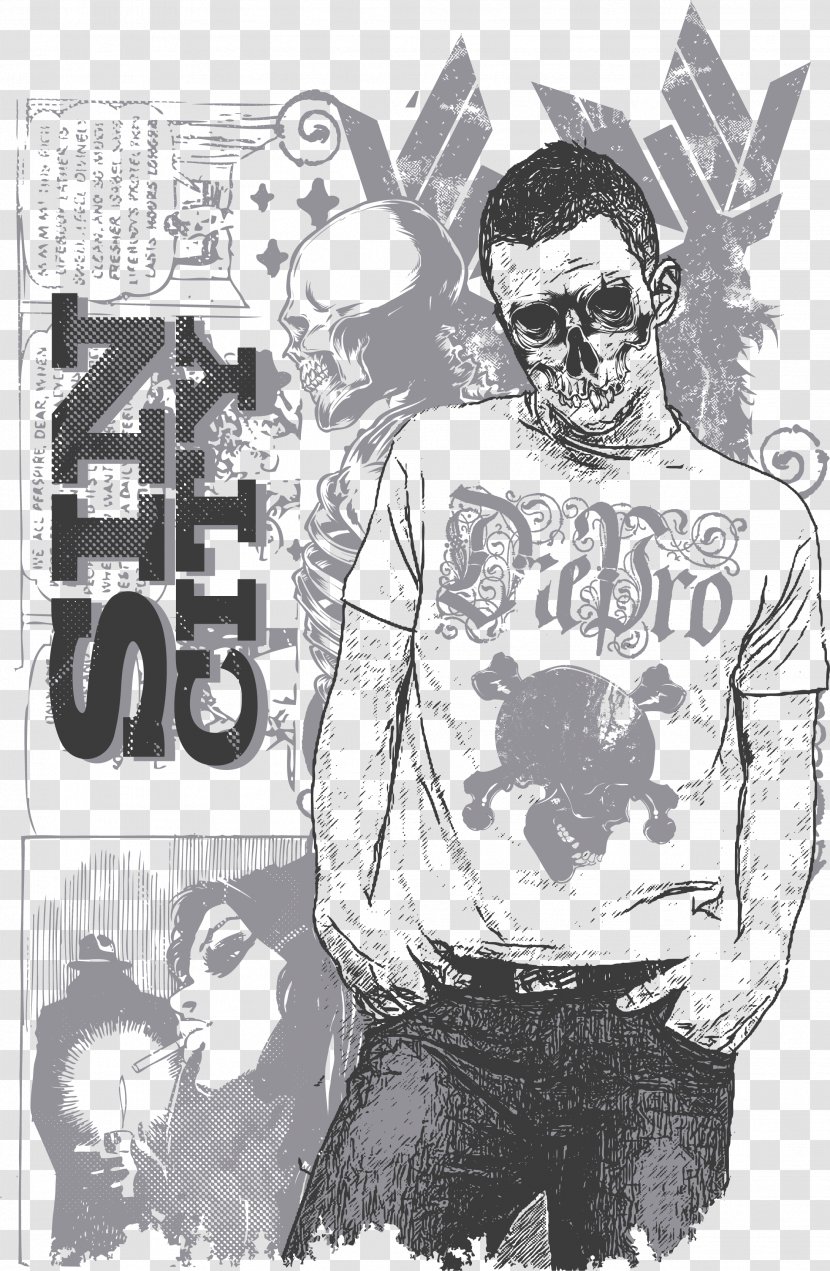 Printed T-shirt Printing - Monochrome Photography - Skeleton Man Transparent PNG