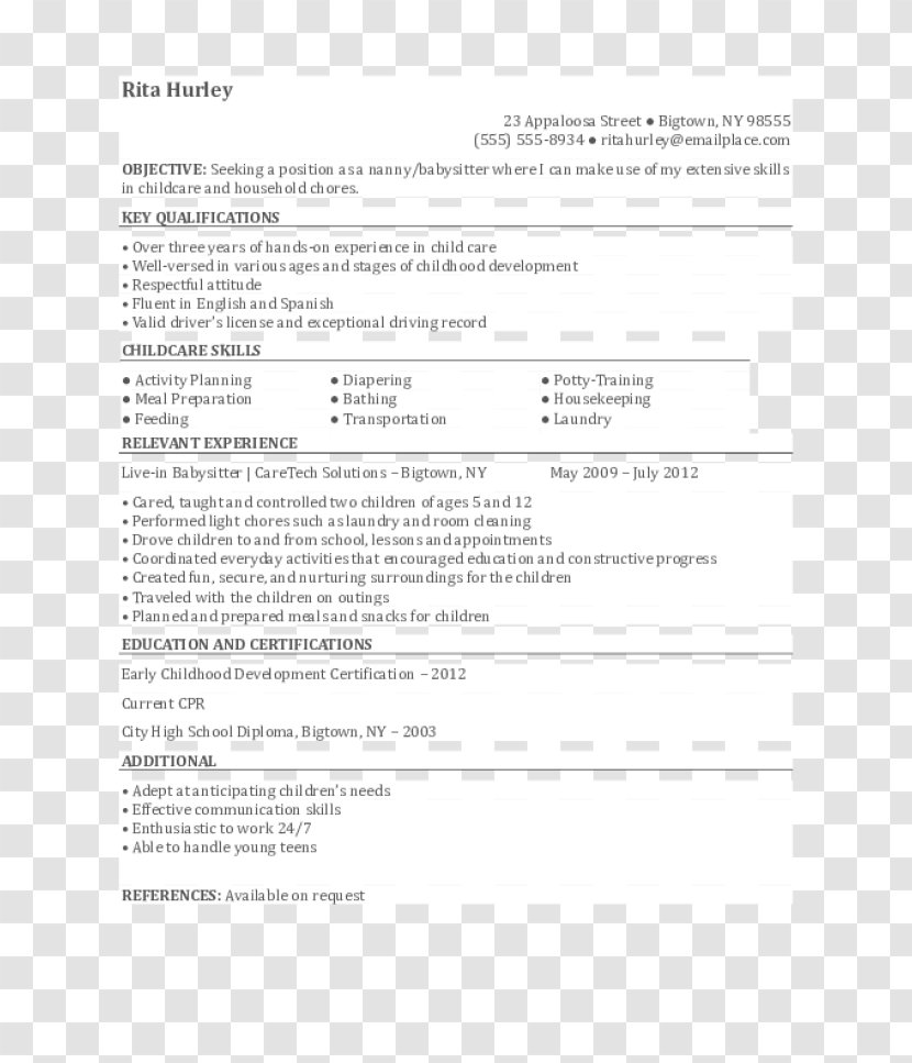 Résumé Cover Letter Child Care Application For Employment Nanny Transparent PNG