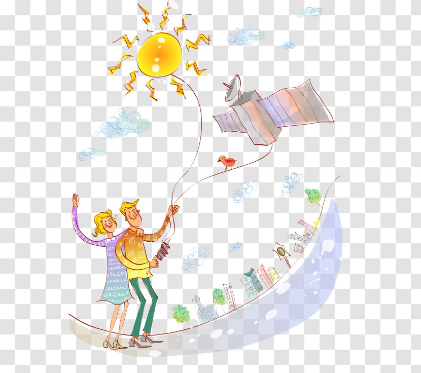 Illustration - Cartoon - Kite Flying Men And Women Transparent PNG