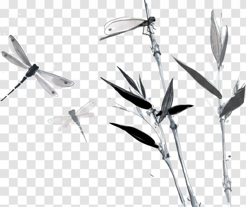 Ink Wash Painting Chinese Bamboo - Birdandflower - Dragonfly Vector Transparent PNG