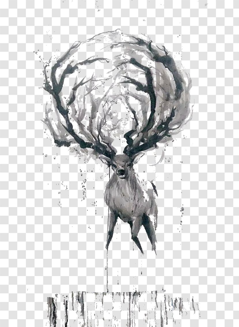 Deer Watercolor Painting Ink Wash Sketch - Creative Hand Painted Transparent PNG