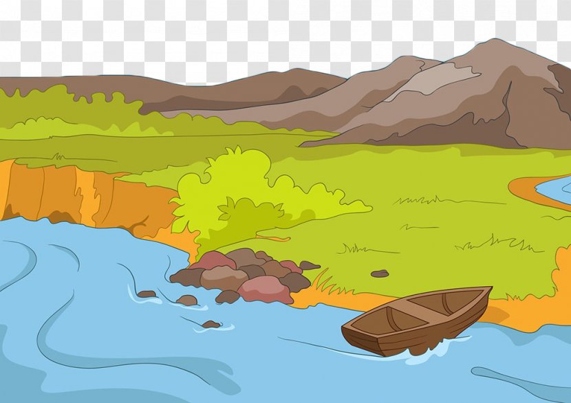 Lake Cartoon Stock Photography Illustration - Ecosystem - Hand Painted Riverbank Small Wooden Boat Transparent PNG