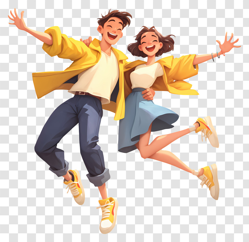 Couple Having Fun Together - Jumping Couple In Yellow Jackets Transparent PNG