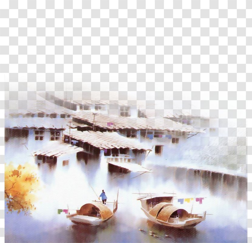 Jiangnan Watercolor Painting Gouache - Shan Shui - Water Transparent PNG