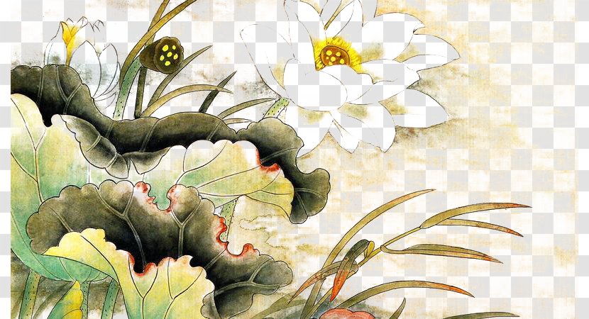 Nelumbo Nucifera Ink Wash Painting Chinese Gongbi - Floral Design - Lotus Pond Transparent PNG