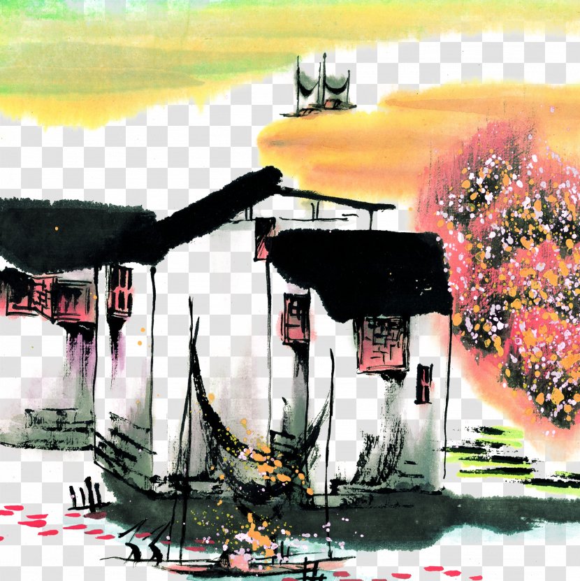 Ink Wash Painting - Designer - Water In Jiangnan Village Transparent PNG