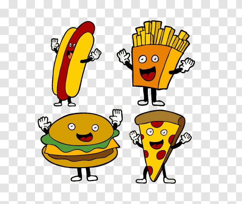 Fast Food French Fries Cheeseburger Hamburger - Human Behavior - Cartoon Anthropomorphic Hot Dog Pizza Transparent PNG