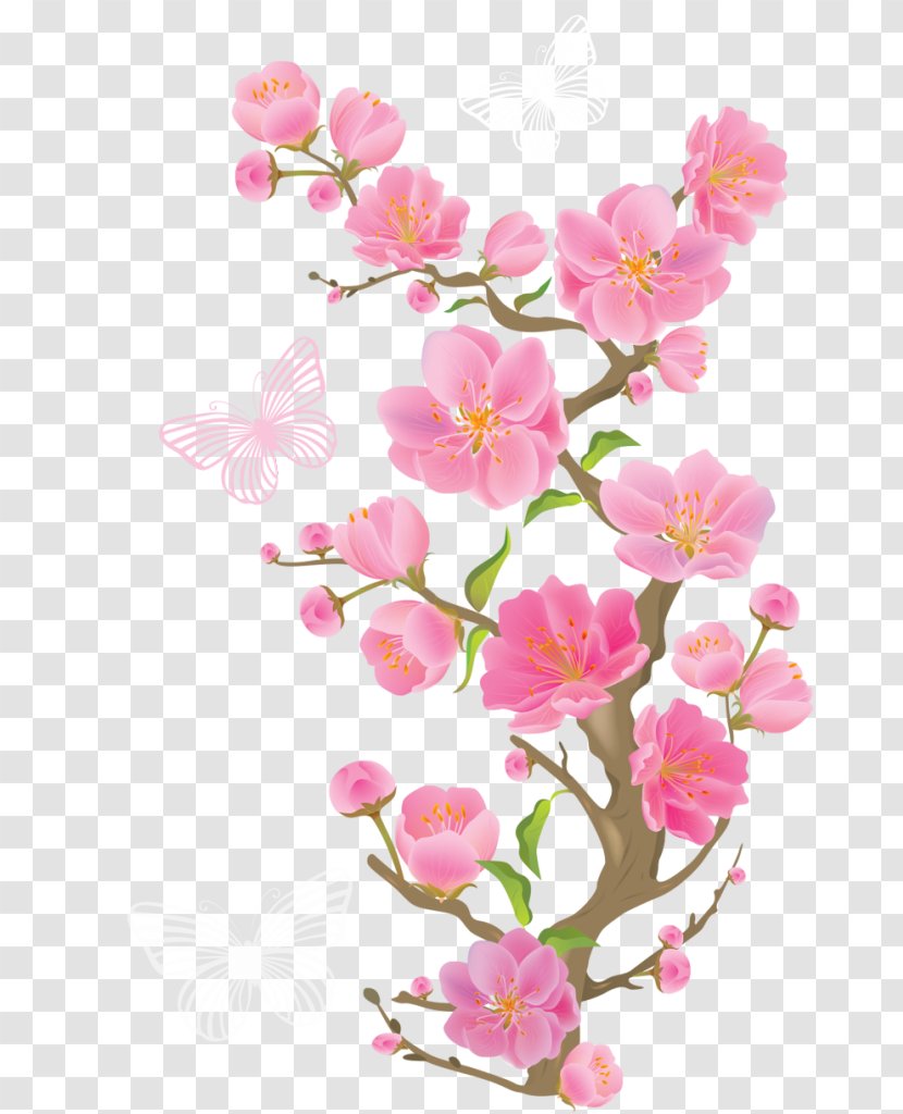 Pink Flowers Clip Art - Spring Branch With Butterflies Clipart Picture Transparent PNG