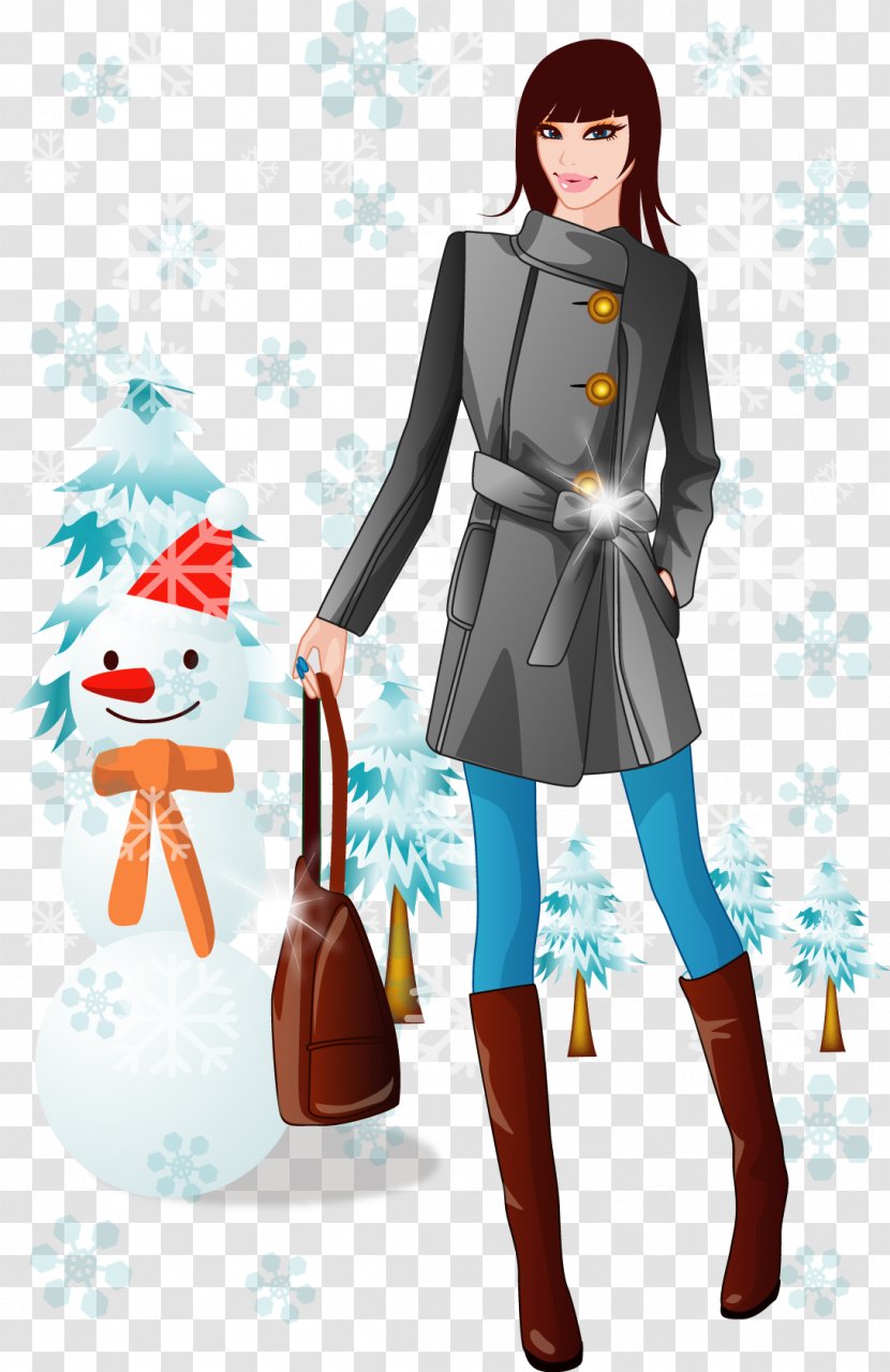 Winter Clothing Bag Graphic Arts - Cartoon - Snow Wearing Fashionable Beauty Vector Transparent PNG