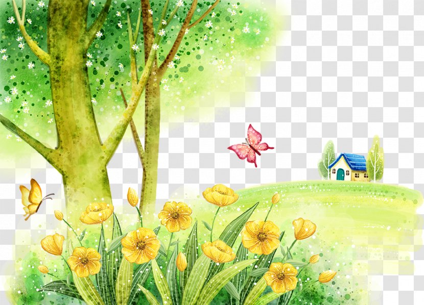 Watercolor Painting Fukei Illustration - Poster - Flowers Butterfly Transparent PNG