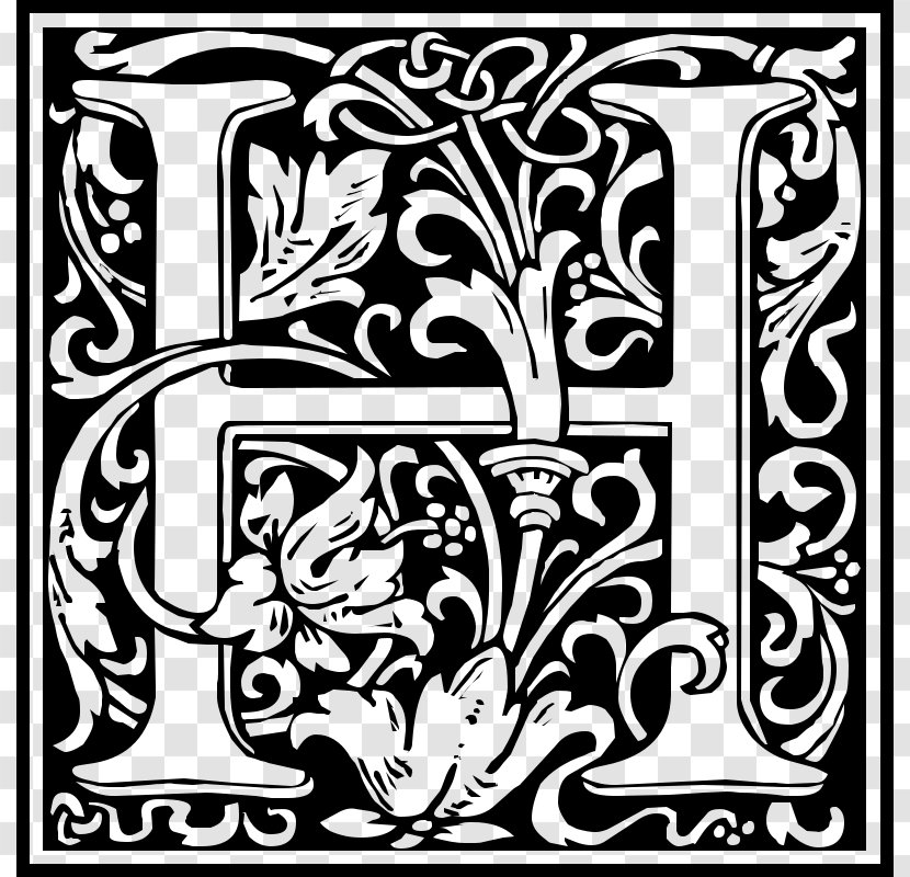 Middle Ages H Letter Initial Clip Art - Black And White - William Cliparts Transparent PNG
