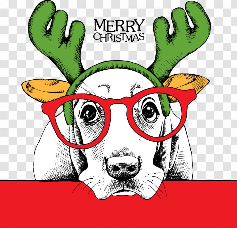Basset Hound Puppy Santa Claus Christmas - Card - Dog Wearing Antlers Glasses Transparent PNG