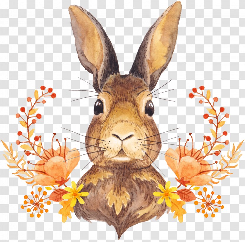 Autumn Leaf Color Watercolor Painting Illustration - Art - Cute Little Bunny In The Flowers Transparent PNG