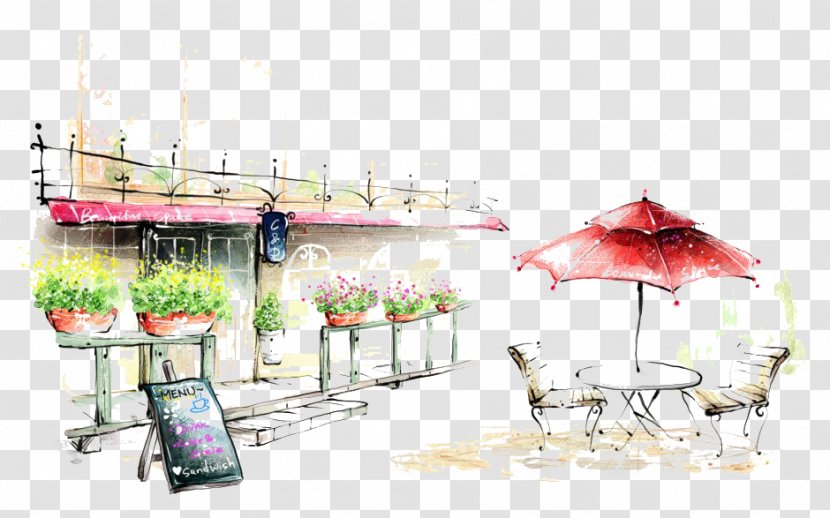 Coffee Cafe Drawing Painting Illustration - Table - Landscape Oil Picture Material Transparent PNG