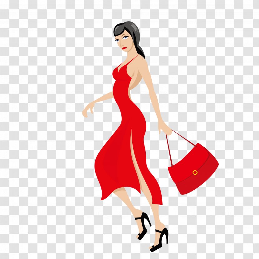 Dress Red Drawing - Watercolor - Wearing A Women's Fashion Transparent PNG