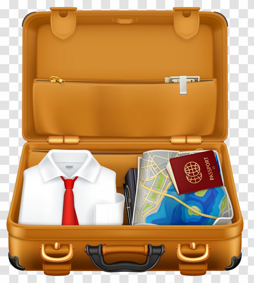 Suitcase Travel Baggage Stock Photography Clip Art - Brown With Clothes And Passport Clipart Image Transparent PNG