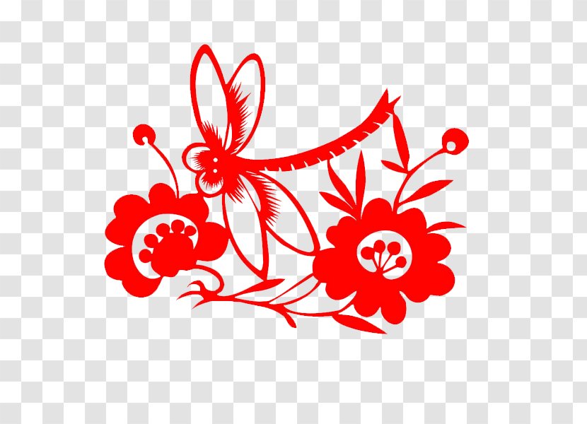 Papercutting Chinese Paper Cutting - Flora - Dragonfly And Red Paper-cut Flowers Transparent PNG