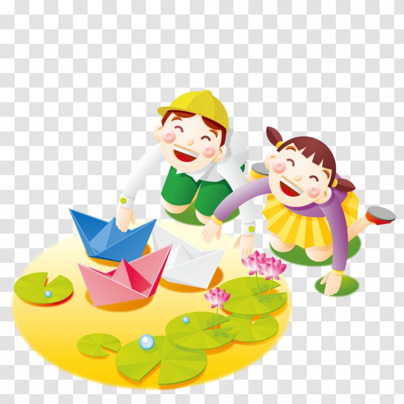 Paper Illustration - Child - Men And Women In The Pond With Boat Transparent PNG