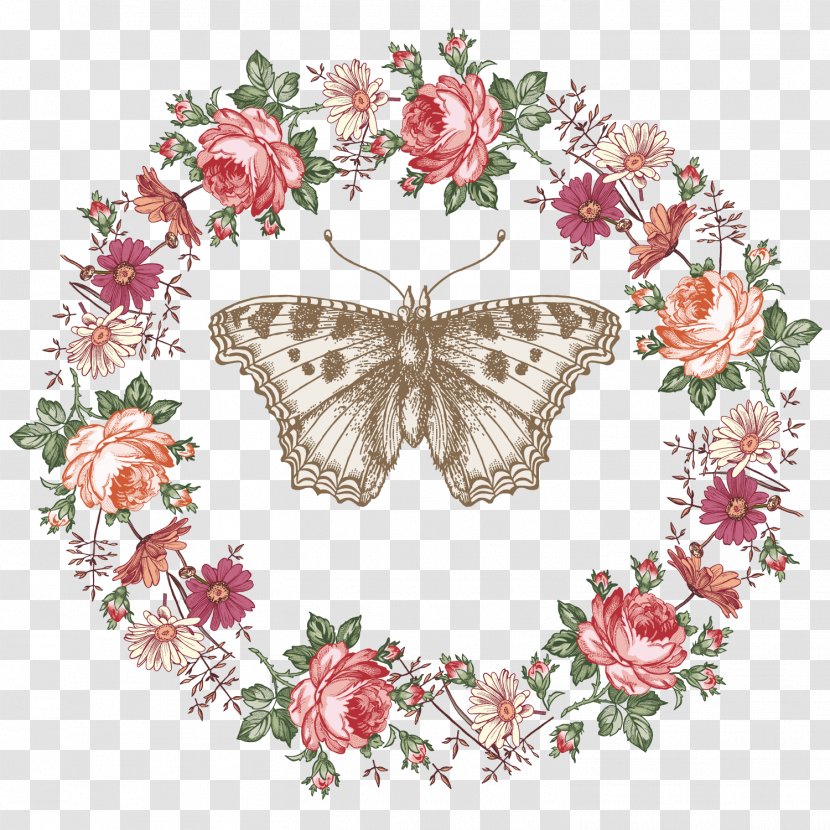 Butterfly Drawing Illustration - Flower Arranging - Retro Wreath Frame And Vector Transparent PNG