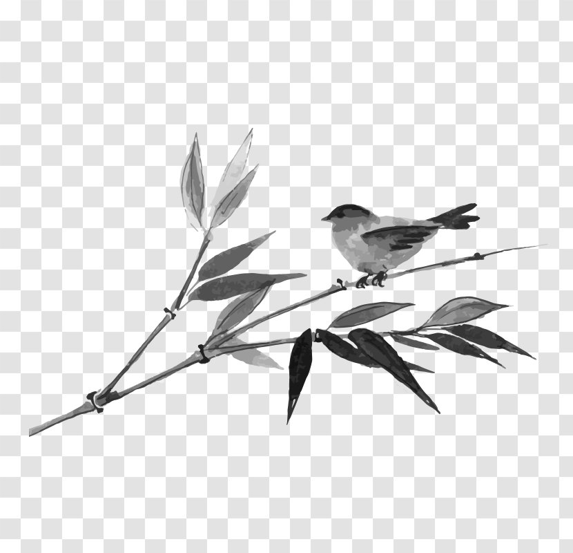 Ink Wash Painting Bamboo Japanese Art - Finch - On The Bird Transparent PNG