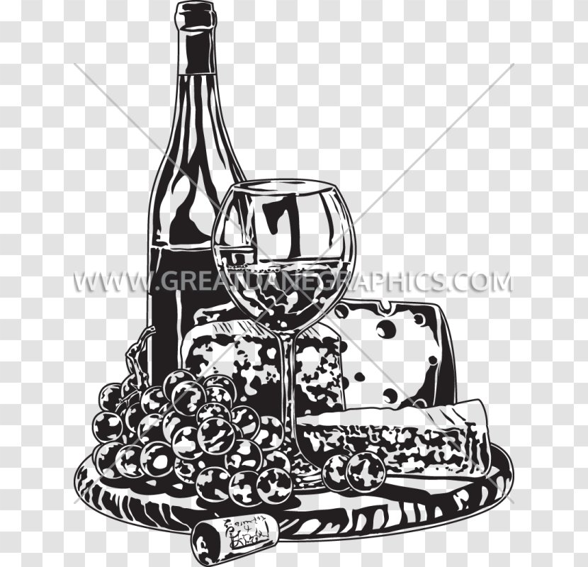 Wine Clip Art Image Glass Bottle Cheese - Monochrome Transparent PNG