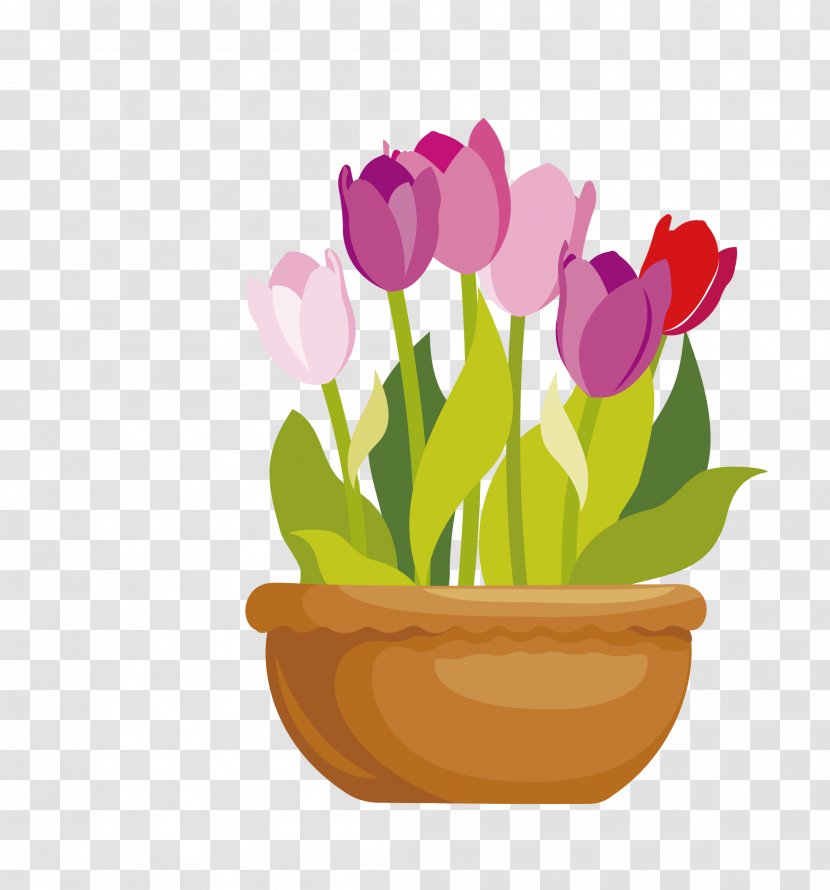 Flowerpot Drawing Clip Art - Vector Cartoon Flat Tulip Transparent PNG