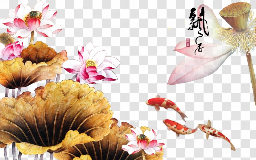 Floral Design Mural Gongbi Wall - Chinese Painting - Lotus Leaf Fragrance Transparent PNG