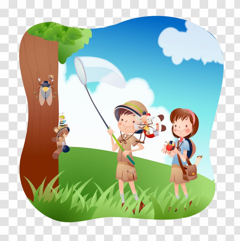 Happiness Summer Vacation Wallpaper - Grass - The Child Holding Insect Net Transparent PNG