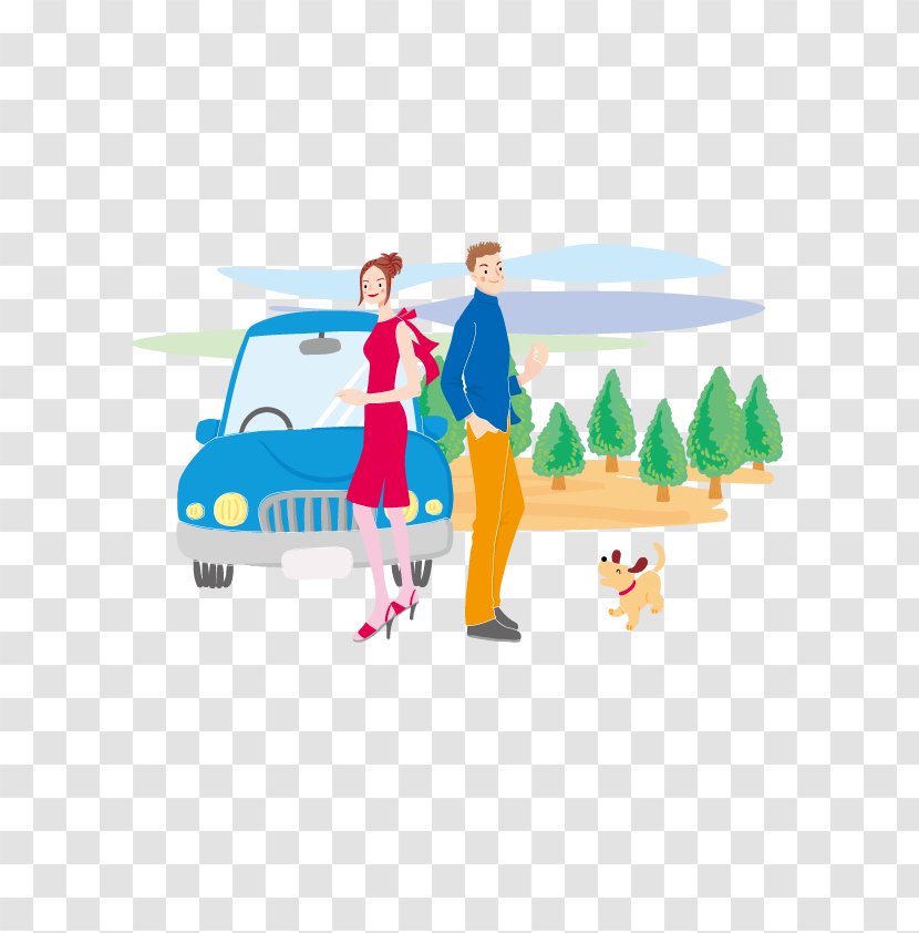 Material Illustration - Play - Couple Hand-painted On The Road Transparent PNG