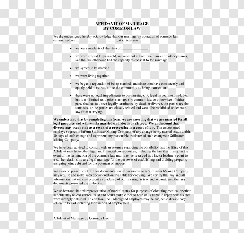 Affidavit Sworn Declaration Contract Document Marital Status - Marriage License Transparent PNG