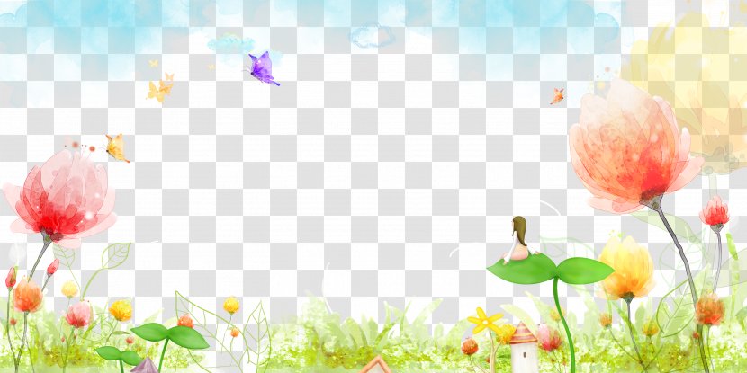 Watercolor Flower Plant Butterfly Blue Sky Background - Grass - Flowering Transparent PNG