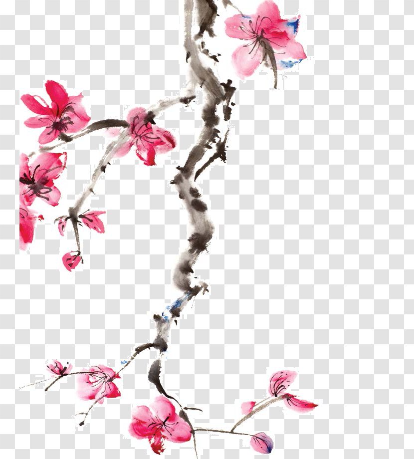 Japan Cherry Blossom Ink Wash Painting - Flowering Plant Transparent PNG