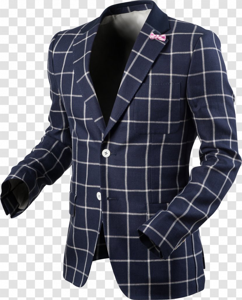 Blazer Cobalt Blue Tartan Button Suit - Outerwear - Low Collar Transparent PNG