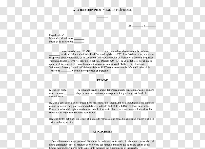 Document Fine Recurs D'alçada Sanción Administrativa Radar - Letter - Velocidad Transparent PNG
